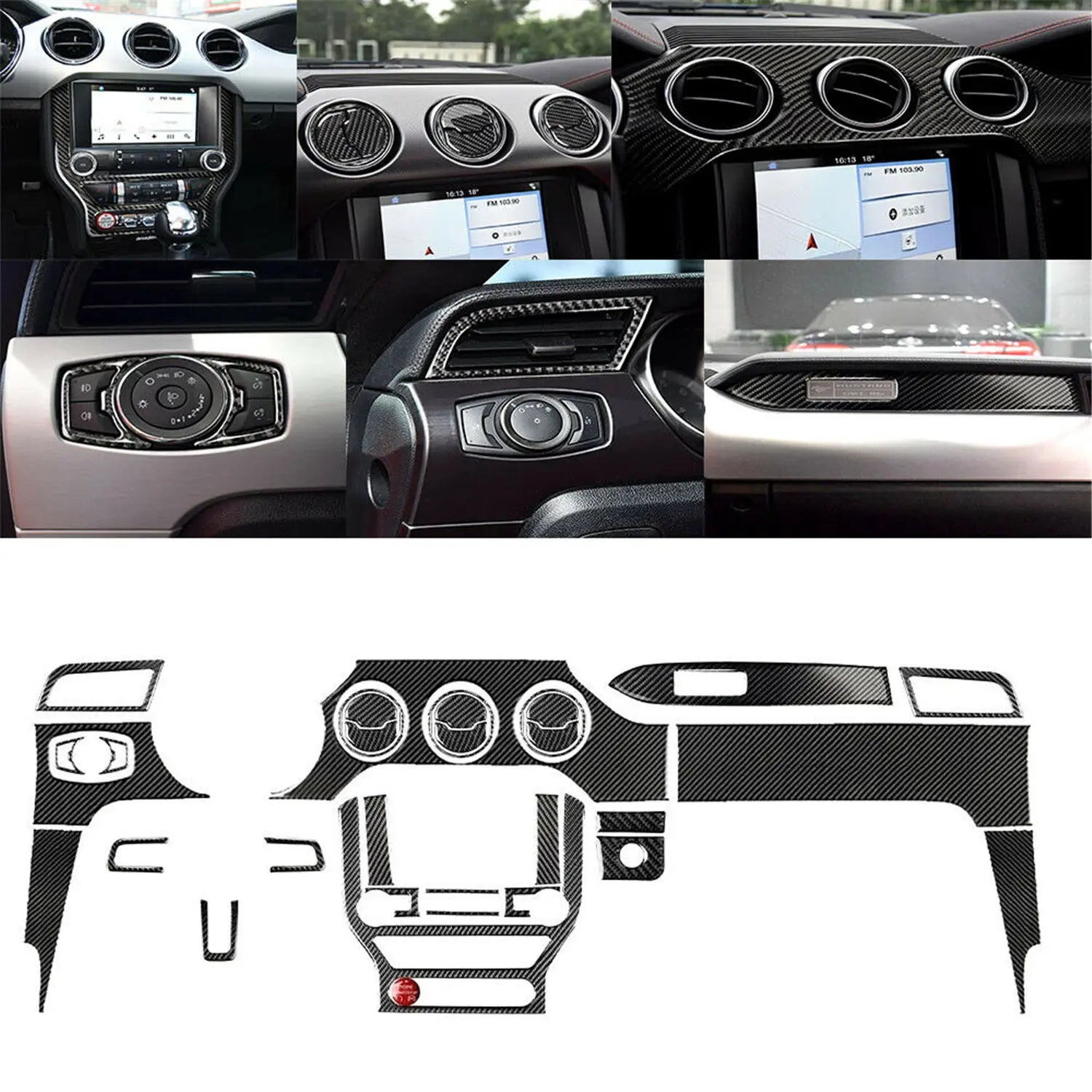 31Pcs Carbon Fiber Interior Dashboard Full Set Cover Car Stickers For Ford Mustang 2015-2019 Car Interior Accessories
